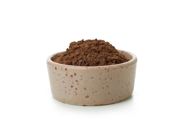 Cocoa powder in bowl isolated on white background