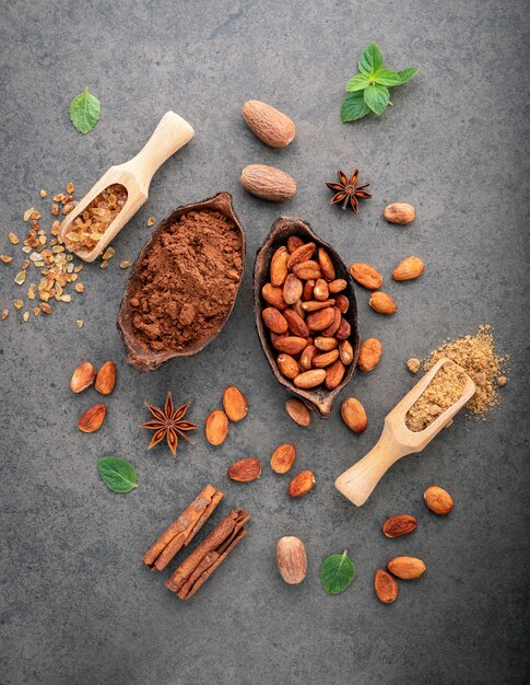 Cocoa powder and cacao beans on stone background.