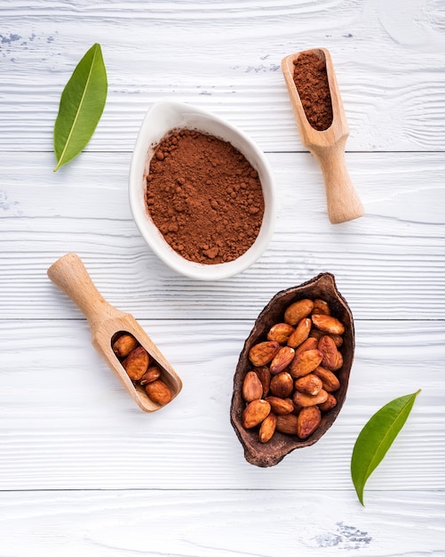 Cocoa powder and cacao beans on wooden background.