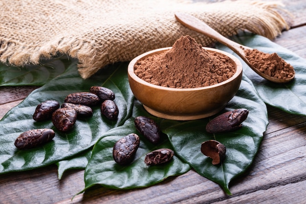 Cocoa powder in wooden bowl with whole dry cocoa beans on rustic table 