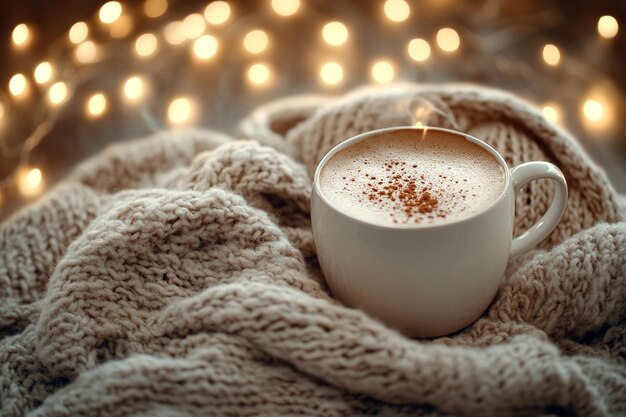 Photo cocoa with lights cozy winter home warm background