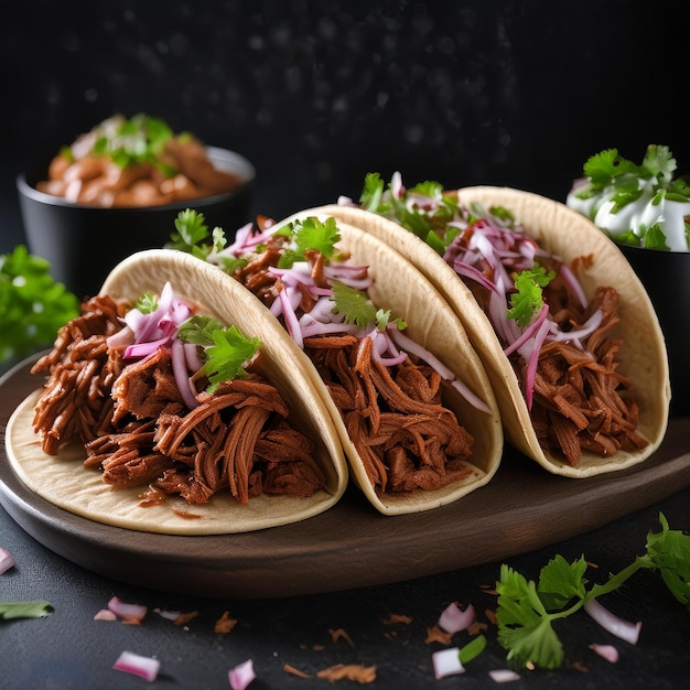 CocoaSpiced Pulled Pork Tacos on restaurant background