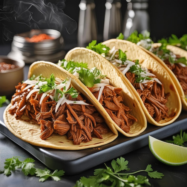 CocoaSpiced Pulled Pork Tacos on restaurant background