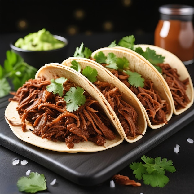 CocoaSpiced Pulled Pork Tacos on restaurant background