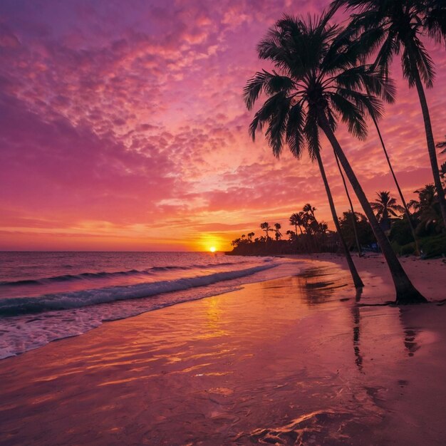 Photo coconat trees with moon in a bright pink and purple sky reflecting on still water generated ai