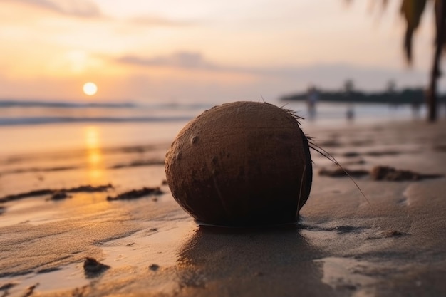 Coconut on the beach in the sunset macro zoom Generative AI