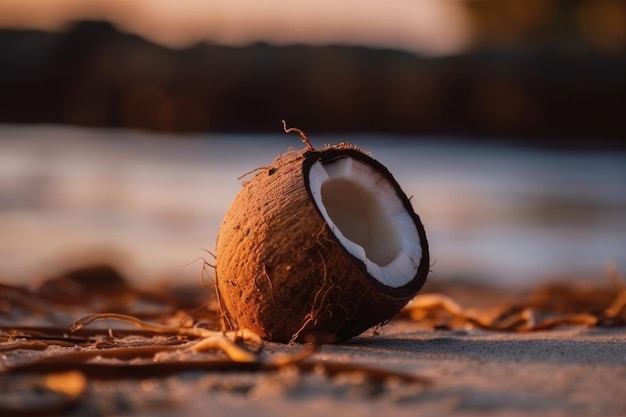 Coconut on the beach in the sunset macro zoom Generative AI