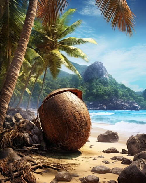 Photo coconut on beach with palm trees