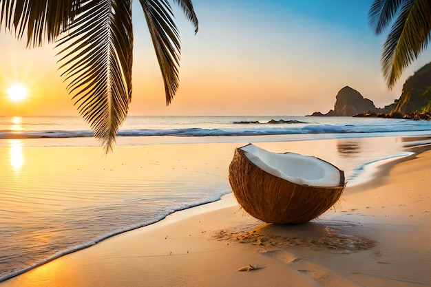 A coconut on a beach with a sunset in the background