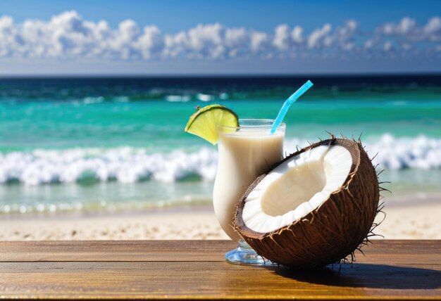 Coconut beverage resting on a table against a backdrop of the serene ocean waves