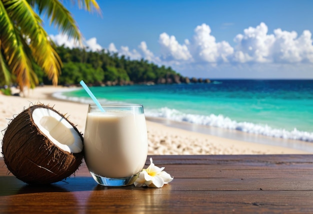 Coconut beverage resting on a table against a backdrop of the serene ocean waves