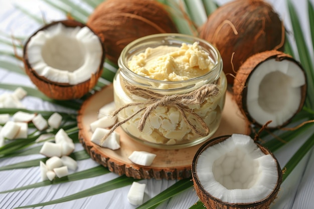 Coconut butter and fresh coconuts with palm leaf on wooden surface Vegan and nutritious