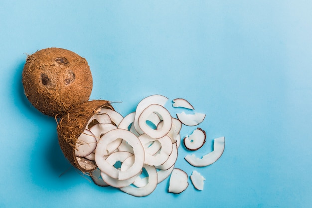 Coconut chips in a bowl of coconut on a blue 