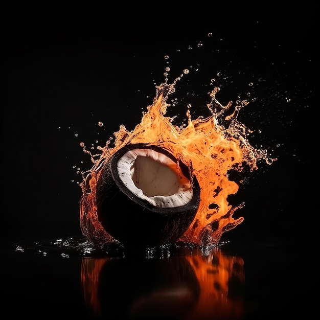 Coconut in the clash of water and fire on black background