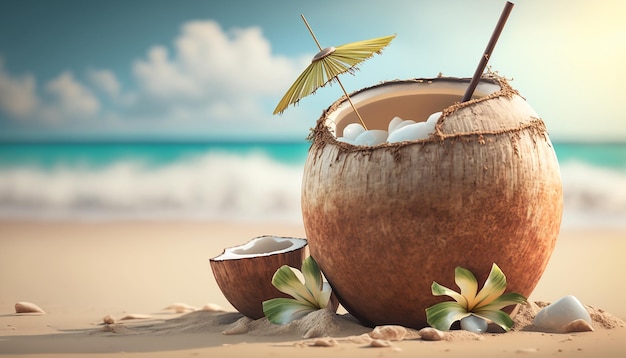 Coconut cocktail on the beach sunny weather Generative AI