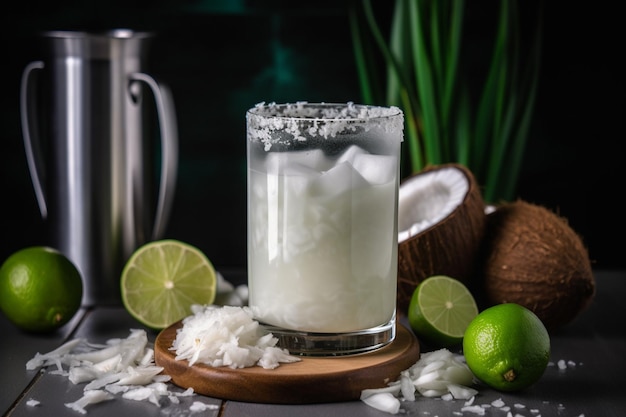 A coconut cocktail with coconut flakes and limes on a wooden table.