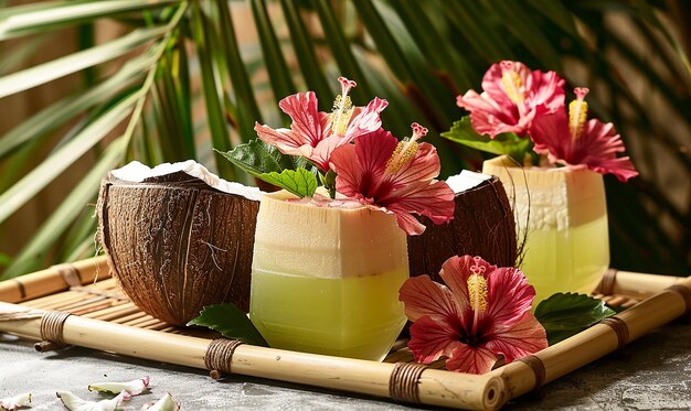 a coconut and coconut are on a tray with a coconut and coconut