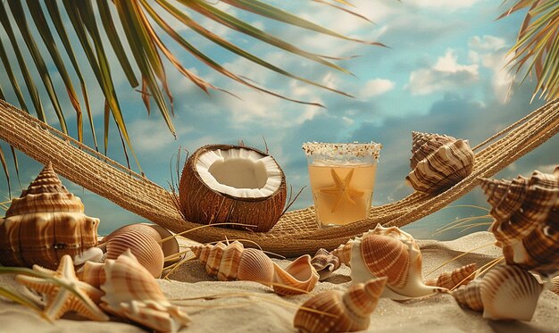 a coconut and coconut on the beach with a coconut and a coconut