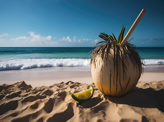 Coconut drink on a beautiful ocean beach ai generative