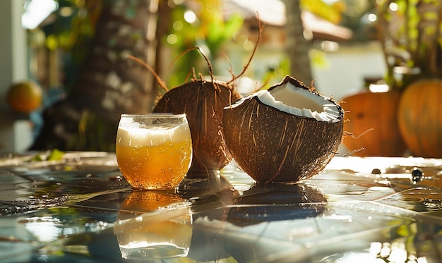 a coconut drink and a glass of beer on a table