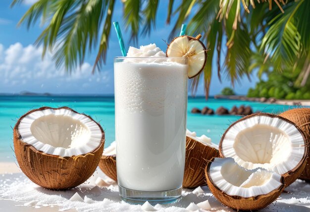 a coconut drink with coconuts and coconuts on a beach