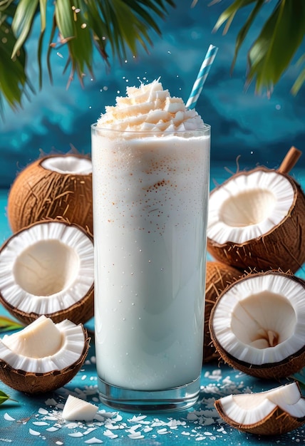 Photo a coconut drink with coconuts and coconuts on a blue background