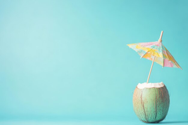 Photo a coconut drink with a colorful umbrella against a blue background