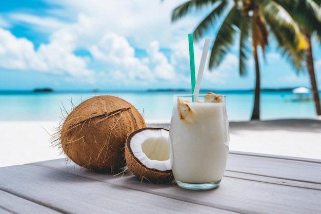 Coconut drink with a straw and beach vibes Coconut drink Photos720jpg