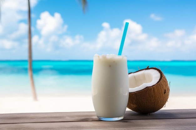 Coconut drink with a straw and a tranquil beach Coconut drink Photos515jpg