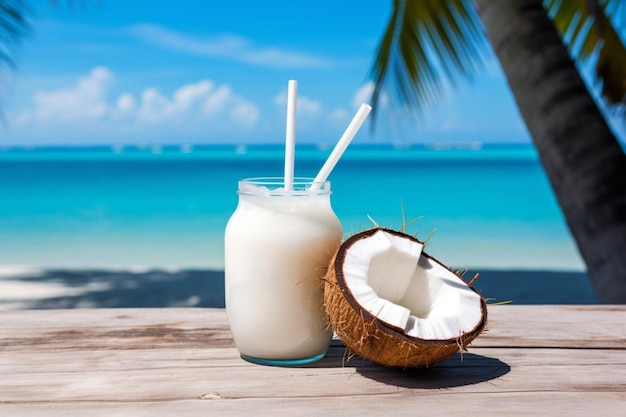 Coconut drink with a straw and a tropical getaway Coconut drink Photos592jpg