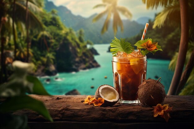 Photo coconut drink with a straw and a tropical island coconut drink photos599jpg