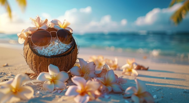 Coconut Drink With Sunglasses on a Sandy Beach