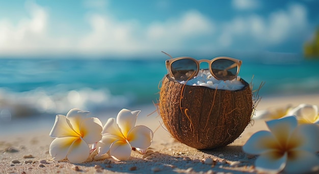 Coconut Drink With Sunglasses on a Sandy Beach