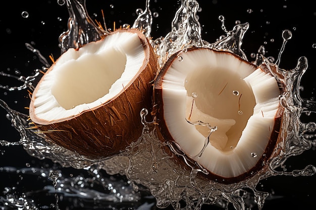 Coconut Explosion Pieces of Coconut Fly Apart on Black Background 8K