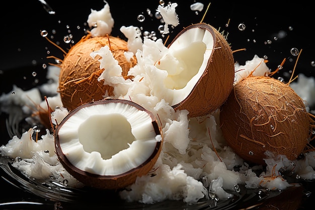 Coconut Explosion Pieces of Coconut Fly Apart on Black Background 8K