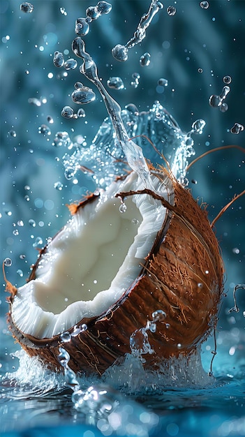 coconut falling into water on blue background