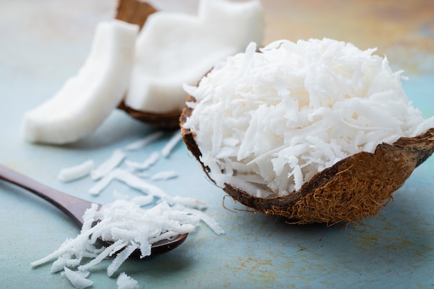 Coconut flakes in a shell.