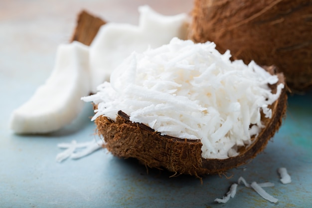 Coconut flakes in a shell.