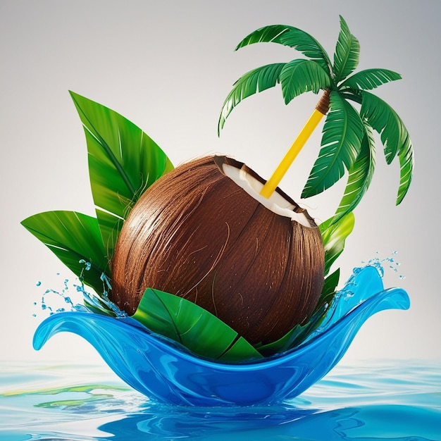 Photo a coconut floating in a blue water with a palm tree in the background