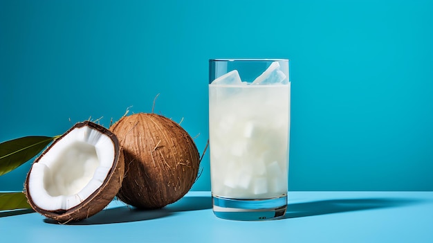 a coconut fruit drink glass on a blue table Generative Ai