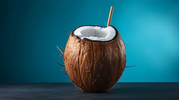 a coconut fruit drink glass on a blue table Generative Ai