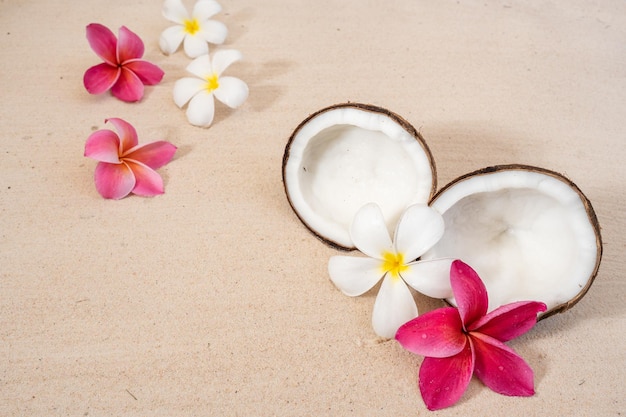 Coconut fruit and frangipani flowers on sand beach background.