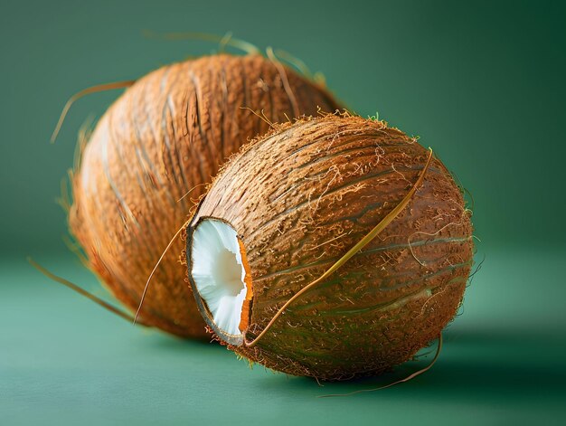 Coconut fruit on a green background in the style of studio photography