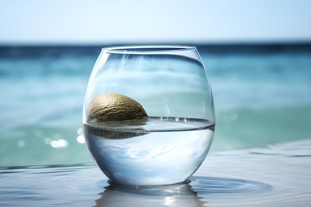 A coconut in a glass of water with a piece of fruit floating in it.