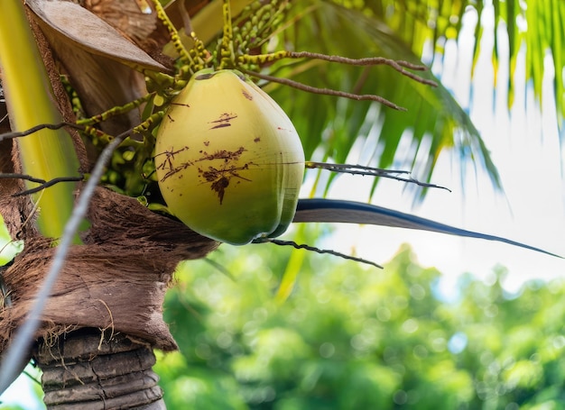 Photo coconut grows on a tree in the harvest garden on everning sun flare ai generated