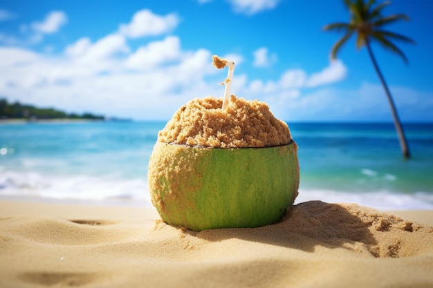 Coconut half filled with beach sand