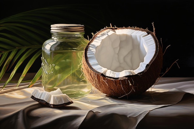 a coconut half and a jar of liquid