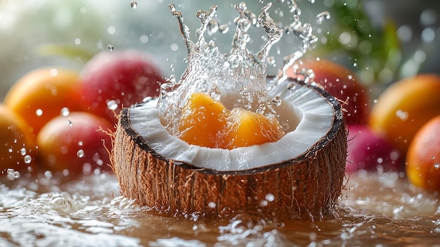 Photo a coconut half splashes in water surrounded by colorful fruits creating a refreshing scene