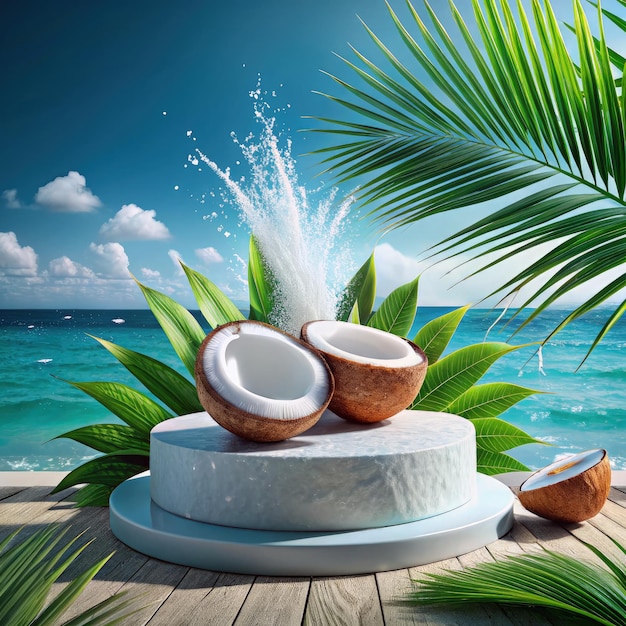 Photo coconut halves splash water on white stone podium with tropical background generative ai