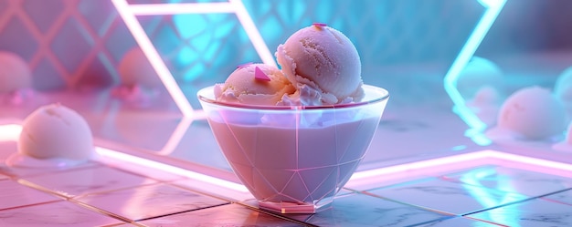 Coconut ice cream served in a futuristic geometricthemed cup with glowing digital toppings